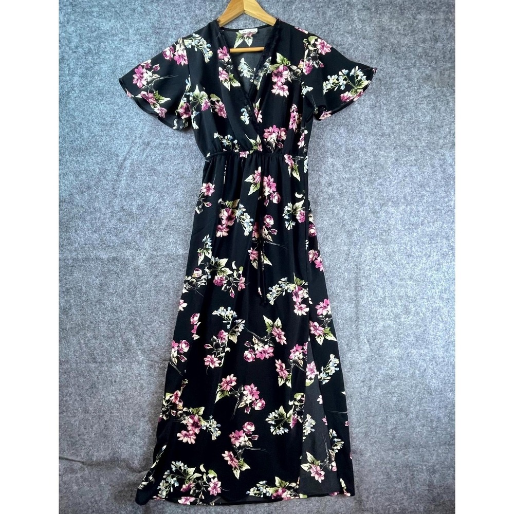 Monteau Dress Large Black Flowy Surplice Neck Cottage Dark Romantic Feminine